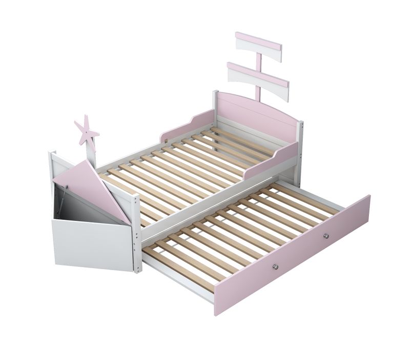 Lit Gigogne 90x200 Cm - Lit Enfant En Bois Avec Rangement Et Placard - Rose