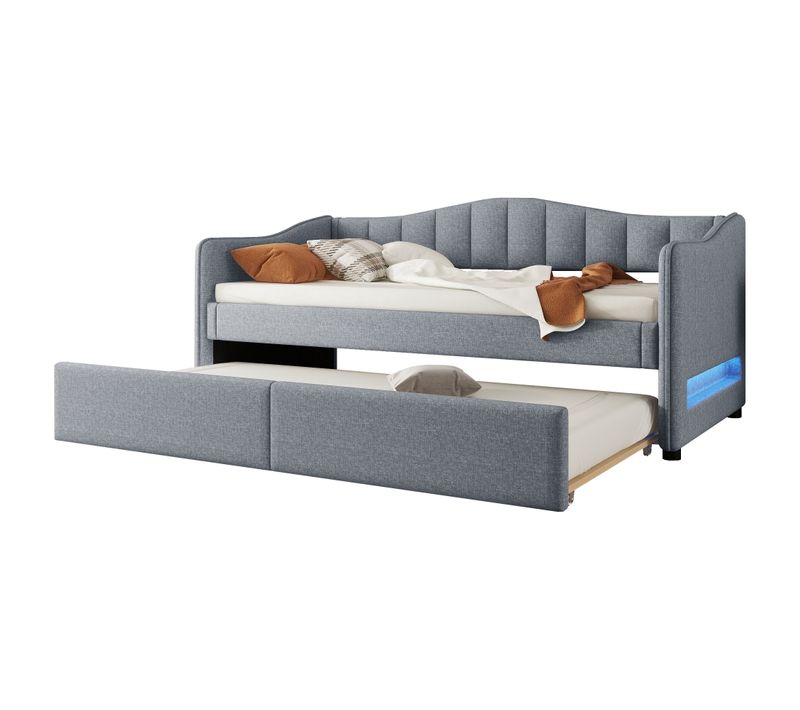 Lit Gigogne 90x200 Cm - Lit Simple Avec Lit Tiroir Et Sommier - Lin + Mdf - Sans Matelas - Gris