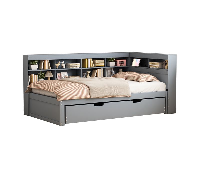 Lit Gigogne 90x200 Cm Avec Tiroir Intégré Et Rangement, Lit Bois Pratique Avec USB, Gris