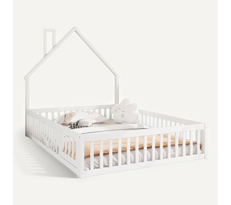 Lit Cabane 140x200 Cm - Lit Double Avec Sommier à Lattes - Design Moderne - Blanc
