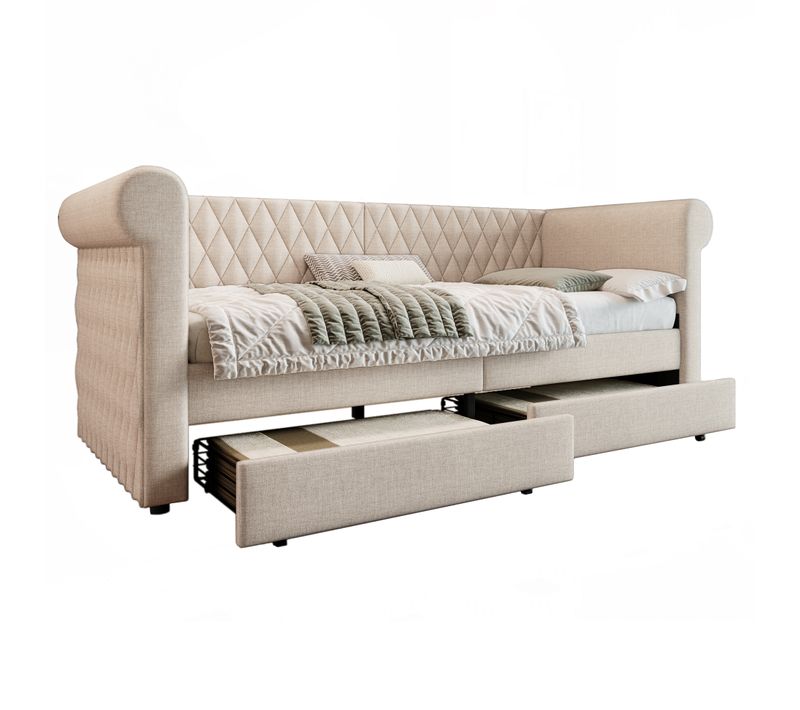 Lit Banquette 90x200 Cm - Rangement - Dossier Haut - Lit Simple Enfant/ado - Lin - Beige