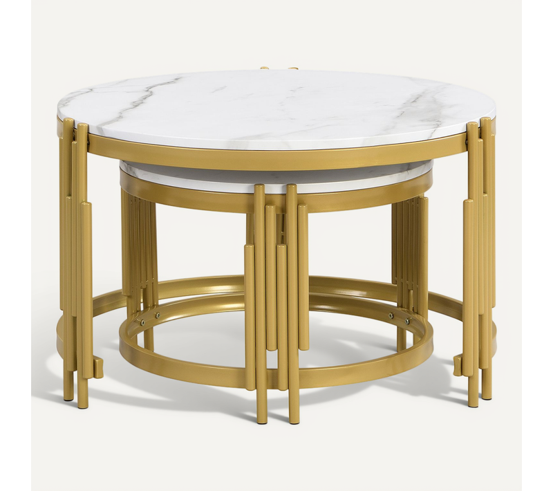 Table Basse Gigogne Moderne 2 Pièces - Effet Marbre Avec Structure Dorée - Mdf Et Métal - Blanc + Or