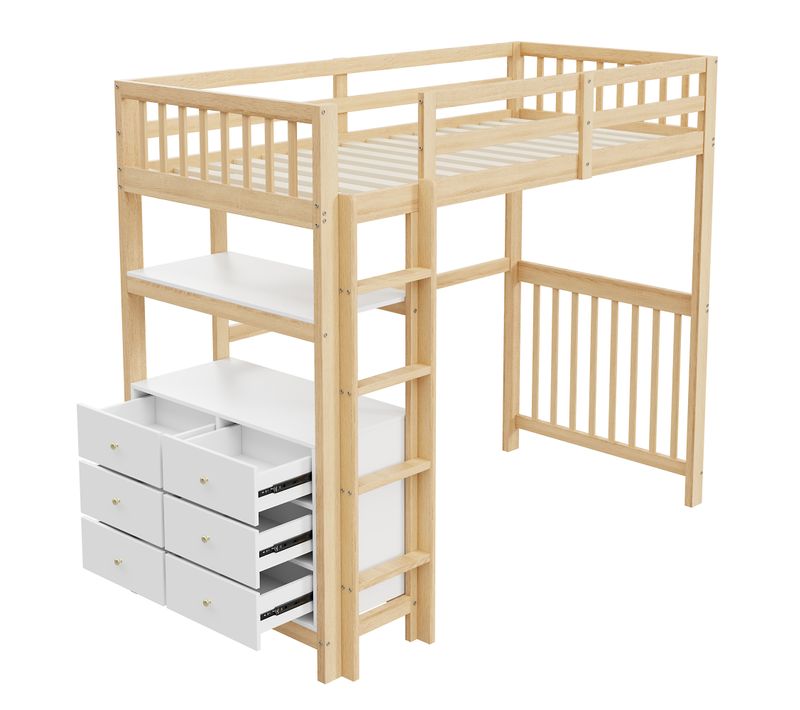 Lit Mezzanine 90x200 Cm Combiné Avec Étagères Et Bureau - Cadre Pin - Naturel