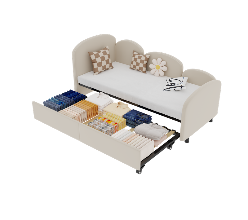 Banquette-lit 90x200 - Lit Tiroir 90x190 Convertible Moderne - Revêtement En Velours Beige