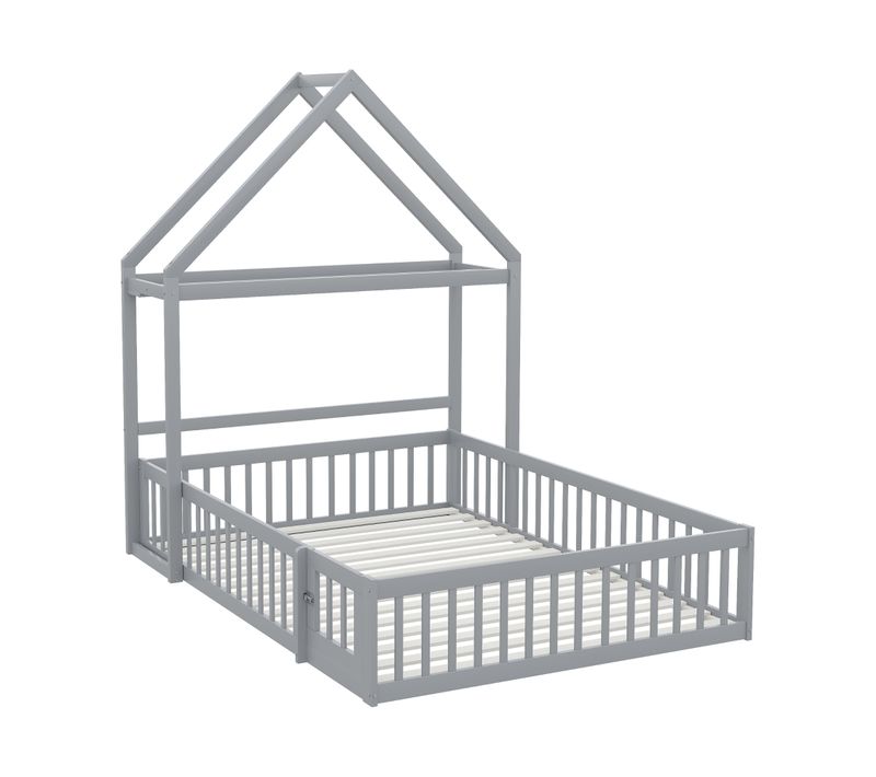 Lit Enfant 140x200 Cm - Lit Cabane Au Sol Avec Barrières - Porte Et Sommier  - Gris