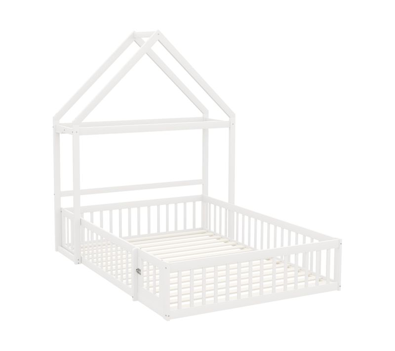 Lit Enfant 140x200 Cm - Lit Cabane Au Sol Avec Porte Et Barrières - Contemporain - Blanc