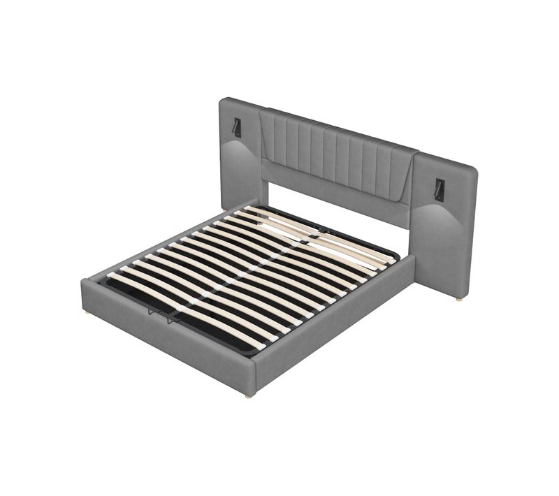 Lit Coffre 180x200 Cm - Lampe De Lecture - Port USB - Velours - Gris