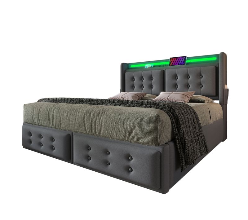 Lit Coffre 180x200 Cm - 4 Tiroirs - LED - USB-c - Grand Rangement - Coton - Gris