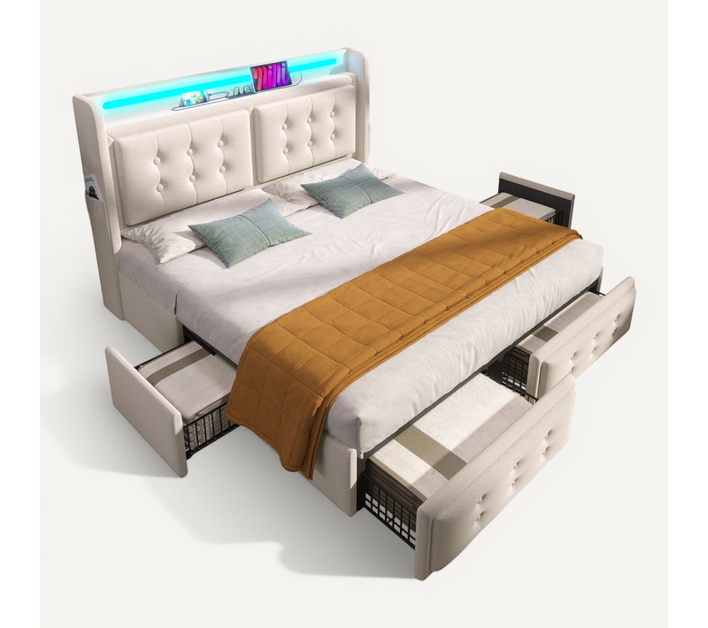 Lit Coffre Double 140x200 Cm - LED - Rangement Intégré - 4 Tiroirs - Lit Capitonné - Coton - Beige