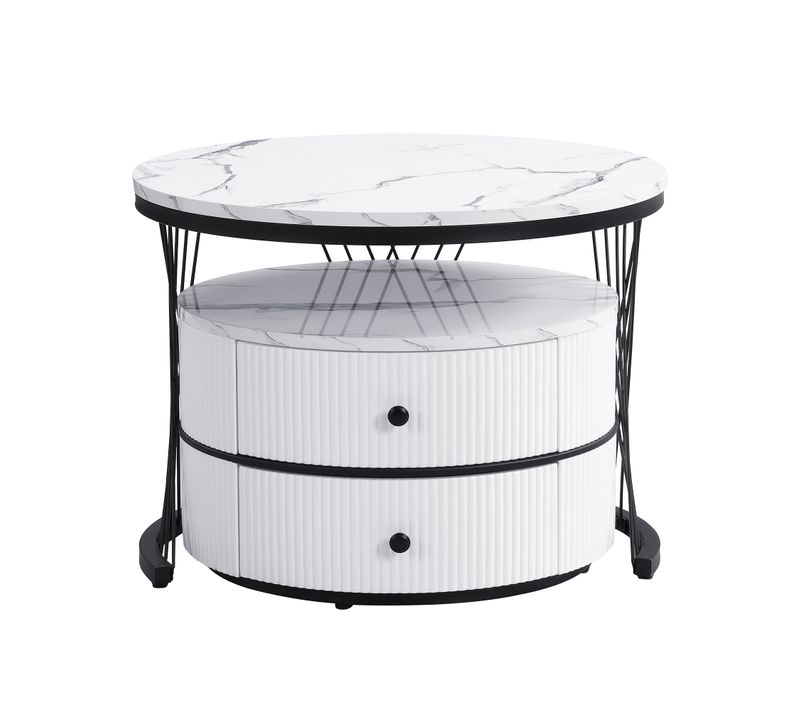 Tables Basses Gigognes - 2 Tables Avec 2 Tiroirs Et Plateau Effet Marbre Brillant - Mdf - Blanc+noir