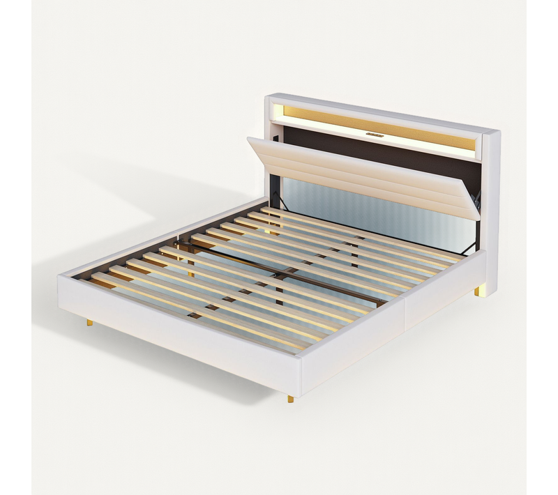 Lit Double 140x200 Cm - Lit Pour Ado Rembourré Avec LED Et USB, Tête De Lit Réversible Lin Gris