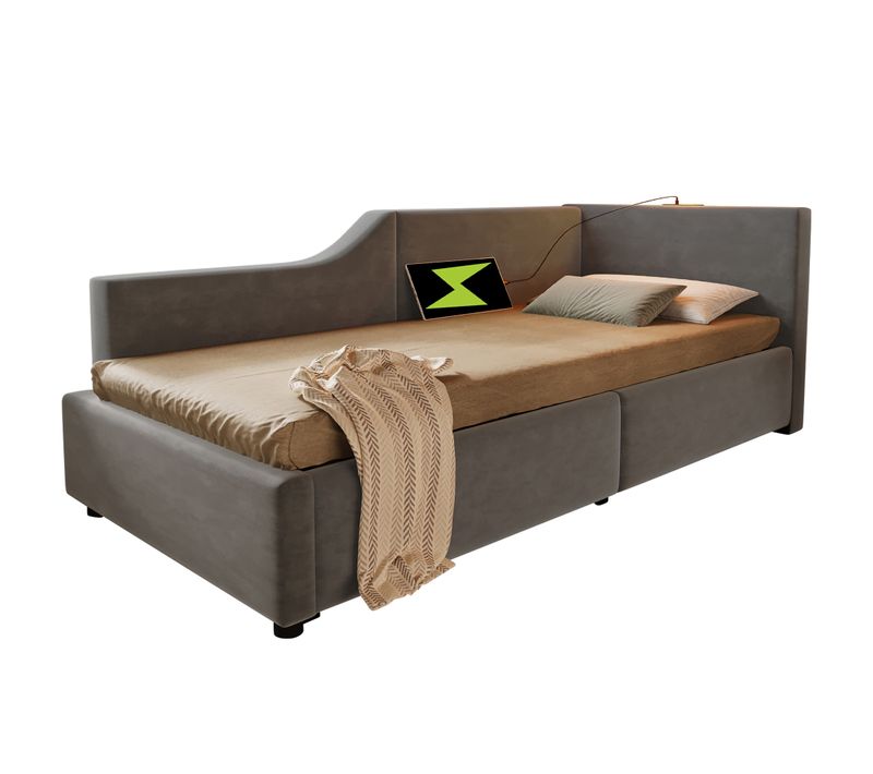 Lit Coffre 90x190 Cm - Enfant/ado, Lampe Intégrée, USB-c, Velours - Gris