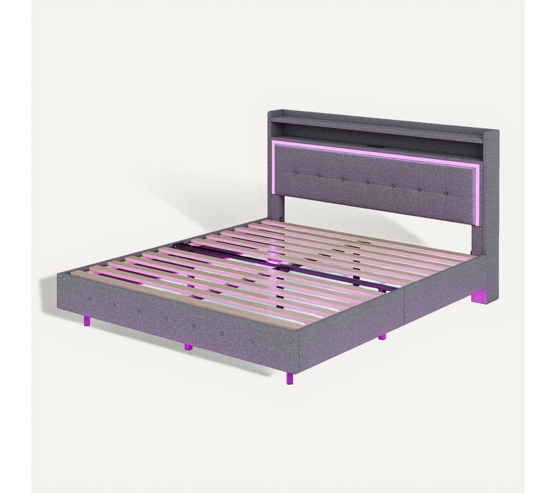 Lit Double 140x200 Cm - Lit Ado Rembourré - LED Et USB - Pieds Cachés - Lin - Gris