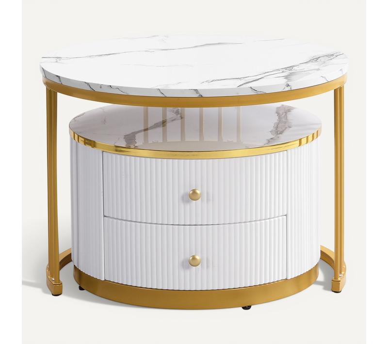 Tables Basses Gigognes Effet Marbre Avec 2 Tiroirs, Mdf Imitation Marbre, Or, 60×60×45,5/50×50×32 Cm