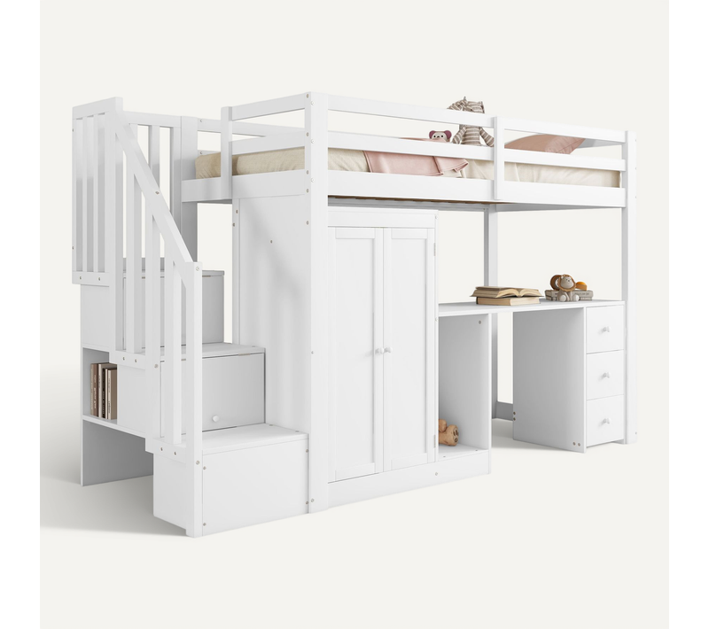 Lit Mezzanine 90x200 Cm - Lit Simple Avec Tiroirs Et Penderie - Pratique - Blanc