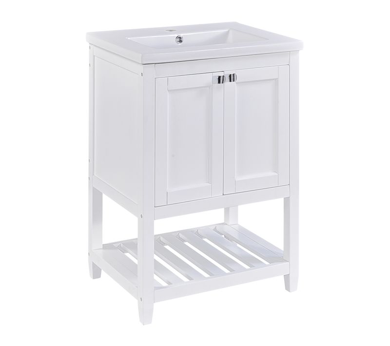Meuble Sous-vasque Avec Vasque Céramique, Design Moderne En Pin Et Mdf, Blanc
