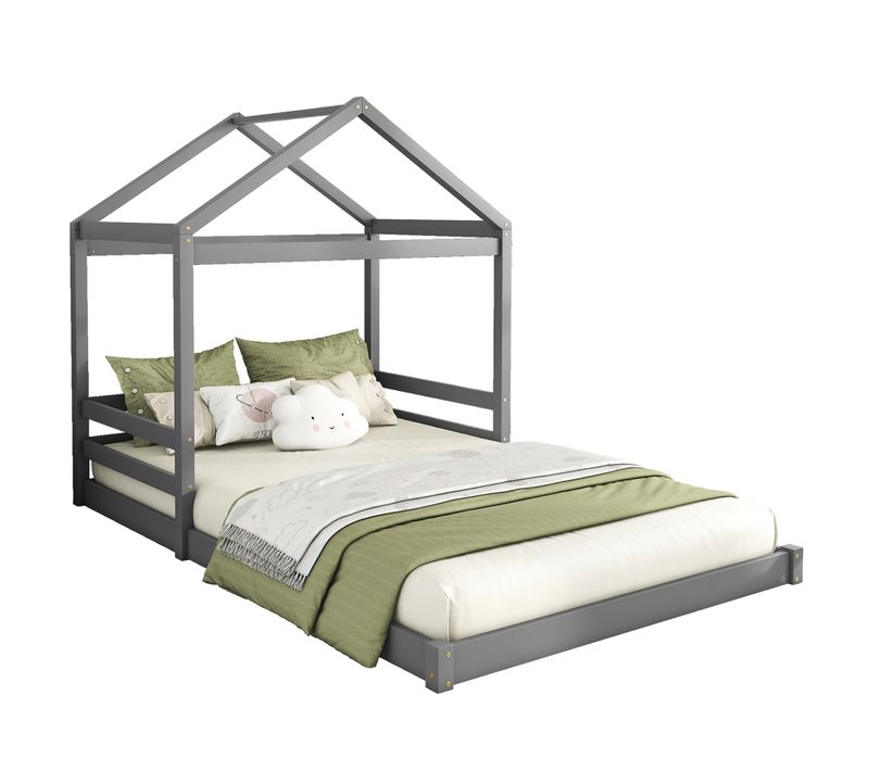 Lit Enfant 140x200 Cm - Lit Cabane Maison Décoratif Avec Lattes - Pin + Mdf - Gris