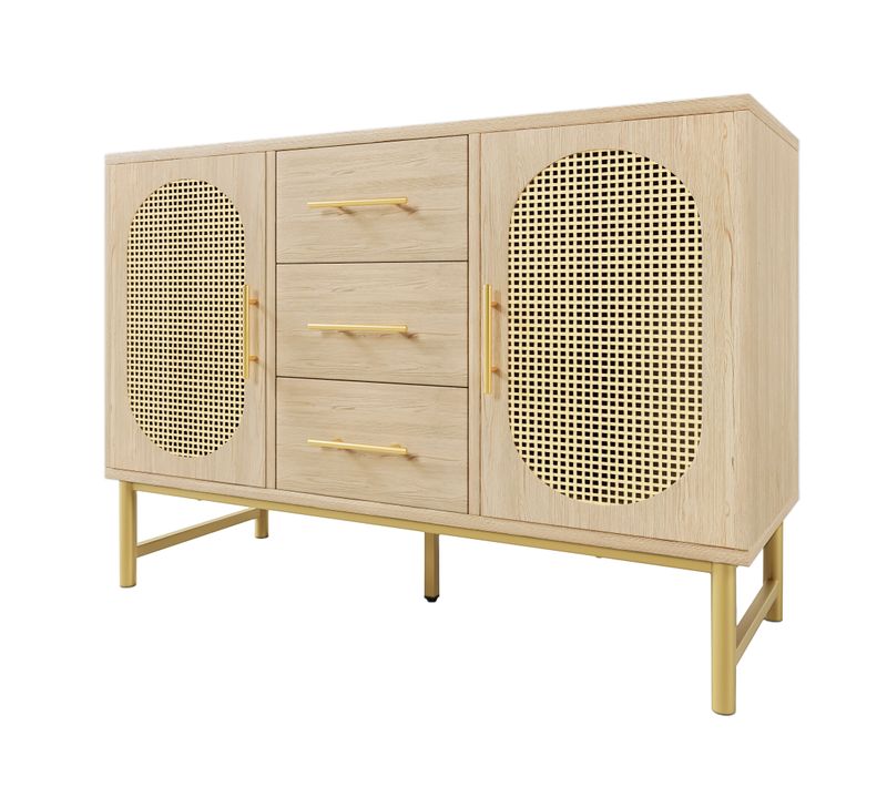 Buffet En Rotin,3 Tiroirs Et 2 Portes, étagères Réglables,anti-basculement,structure Stable,naturel