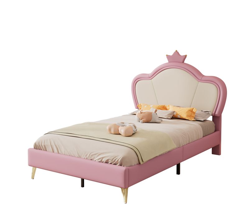 Lit Enfant 90x200 Cm - Lit Simple Rembourré Tête Couronne - Pu + Métal - Rose