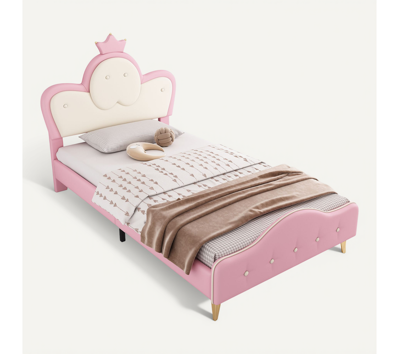 Lit Enfant 90x200 Cm - Lit Rembourré Tête Capitonnée + LED - Revêtement Pu - Rose Et Blanc