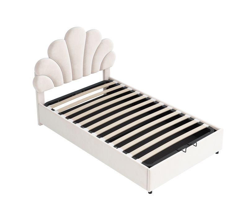 Lit Coffre 90x200 Cm - Lit Simple Tête Fleur Avec Rangement - Velours + Métal + Mdf - Beige