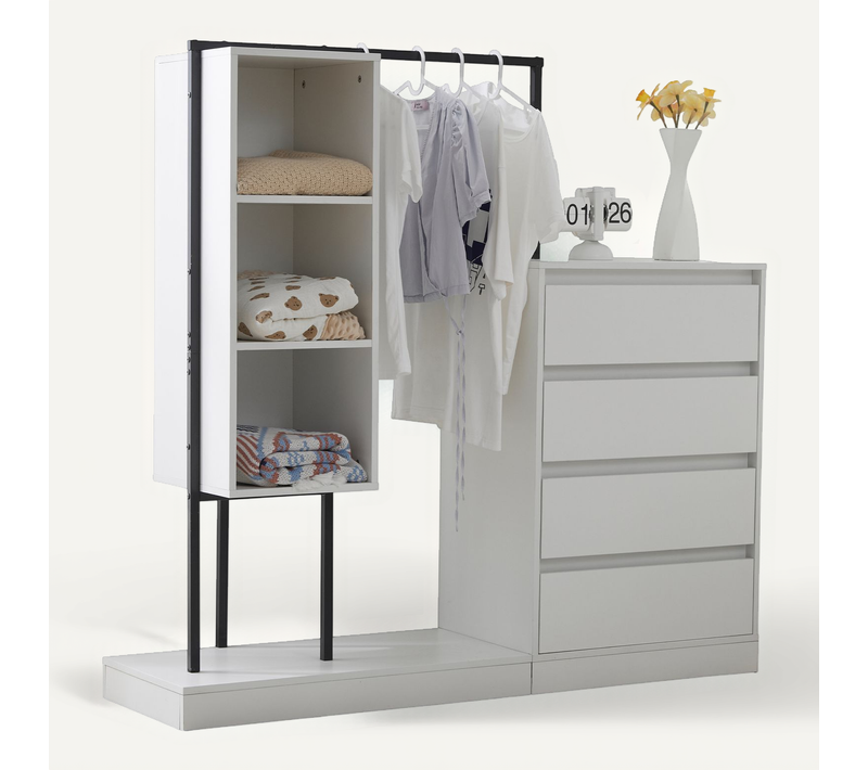 Meubles Multifonctions - Dressing Ouvert Tringle Tiroirs - Commode Penderie Étagères - Mdf - Blanc