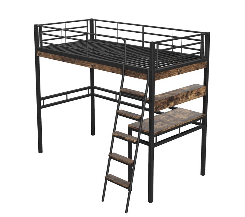 Lit Mezzanine 90x200 - Lit Enfant/ado Avec Bureau - Étagères Pratiques - Anti-chute - Noir