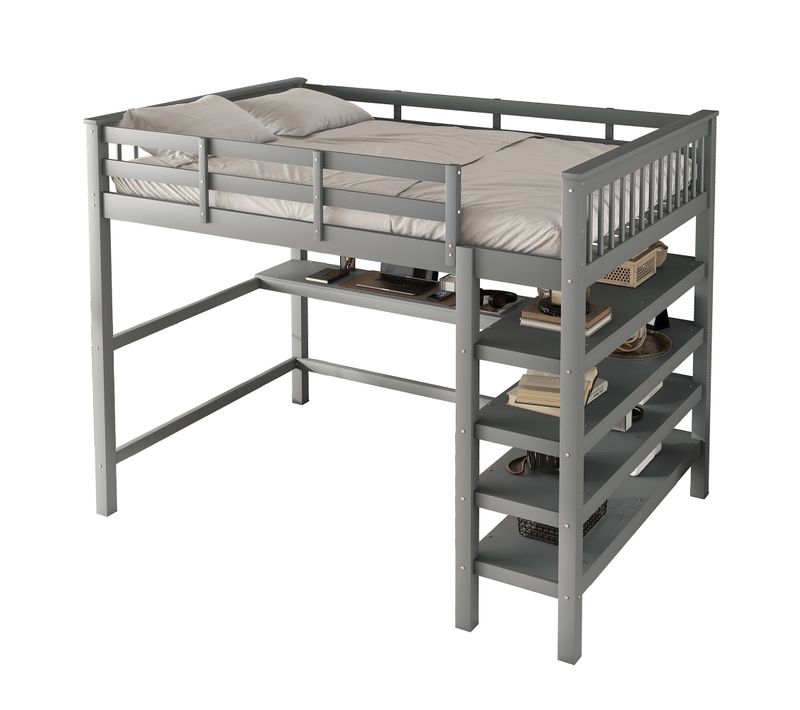 Lit Mezzanine 140 X 200 Cm - Lit Avec Bureau Et Étagères - Pin + Mdf - Gris