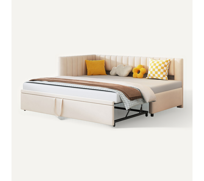 Lit Gigogne 90/180x200 - Tiroir Coulissant Convertible Pour Chambre D’enfants - Velours Beige