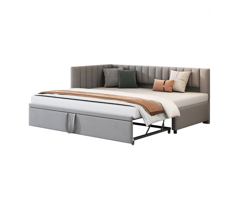 Lit Gigogne 90/180x200 - Canapé-lit Coulissant Pour Chambre D’enfants Ou Invités -velours Gris Clair