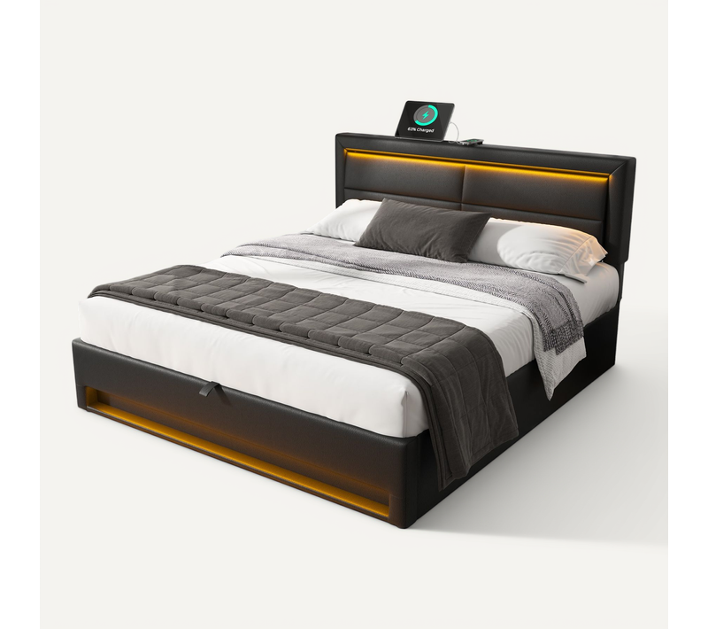 Lit Double 140x190 Cm - Lit Avec Rangement, Design Moderne Et Port USB - Noir