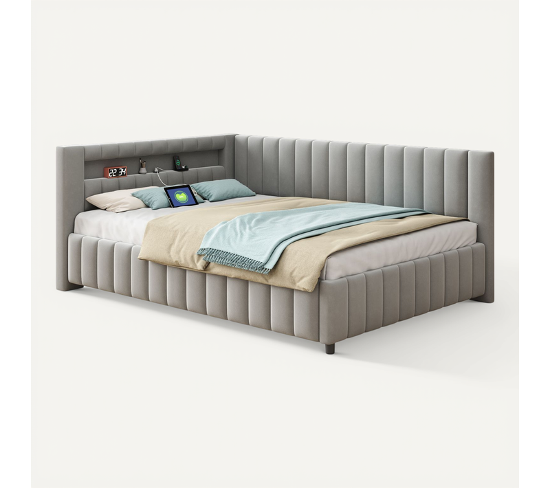Lit Banquette 140x200 Cm - Éclairage LED - Port USB - Tête De Lit - Velours - Gris Clair