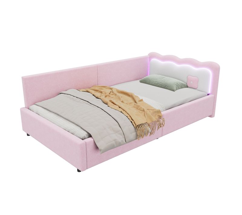 Lit Banquette 90x200 Cm - Lit Simple Avec LED - Confortable -  Moderne - Tissu - Rose