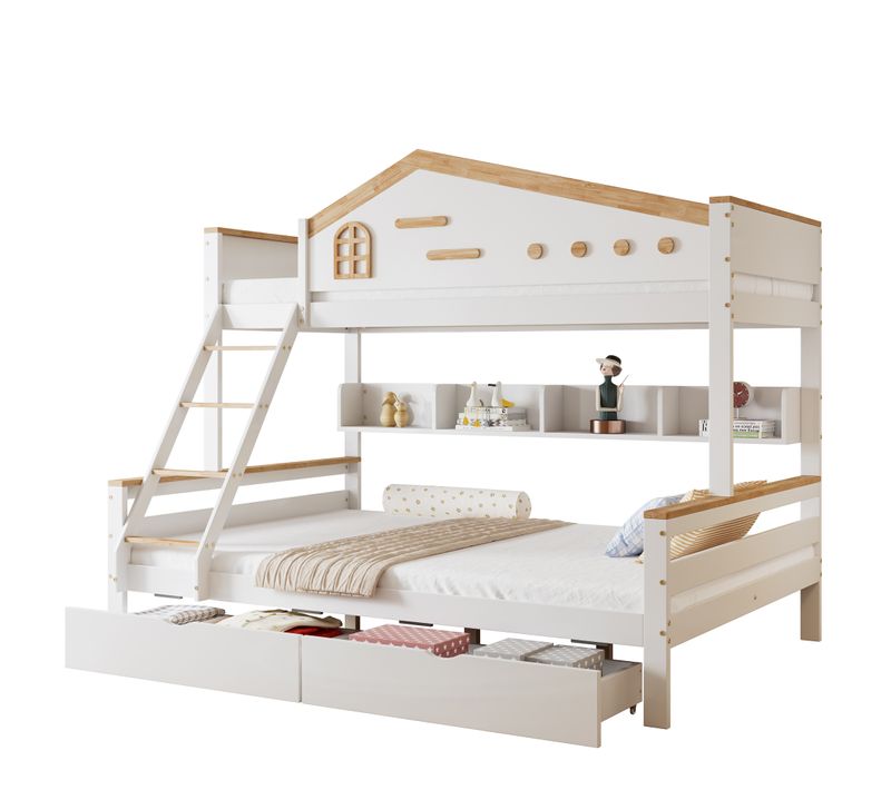 Lit Superposé 90x200 et 140x200 - Enfant - Rangement - Étagère - Échelle - Pin Mdf - Blanc + Naturel
