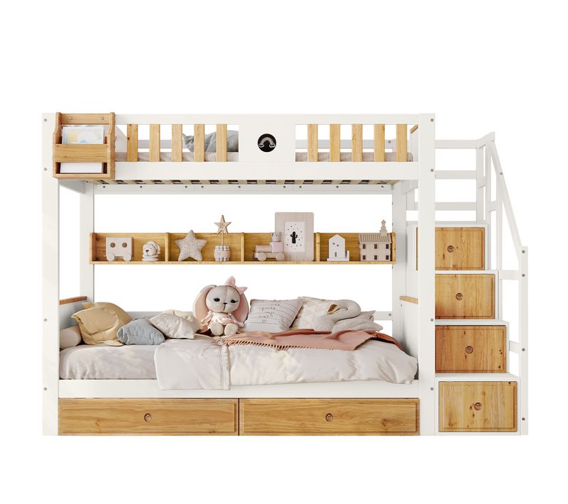 Lit Superposé 90x200 Cm - Enfant - Rangement - 2 Tiroirs - Armoires - Stable - Blanc + Naturel