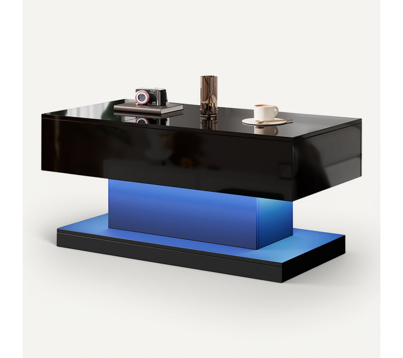 Table Basse Relevable Design Avec LED Et Rangement Intégré, Système Hydraulique - Noir