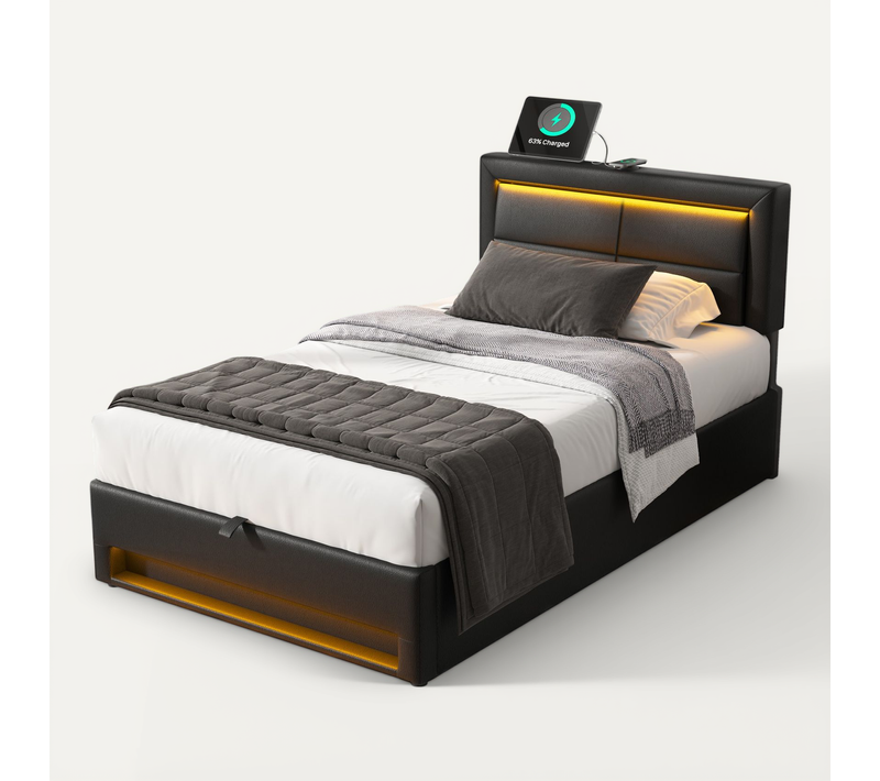 Lit Coffre 90x200 Cm Avec Sommier Relevable, Rangement Et Tête Éclairée - Noir