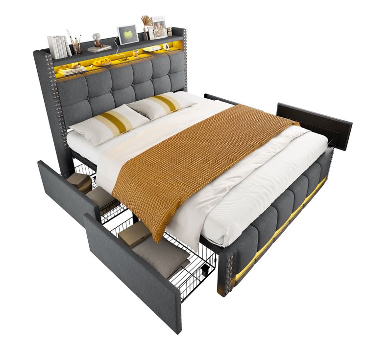 Lit Double 140x200 Cm Avec LED, Tiroirs Et Prise USB, Lit Capitonné Ado - Gris