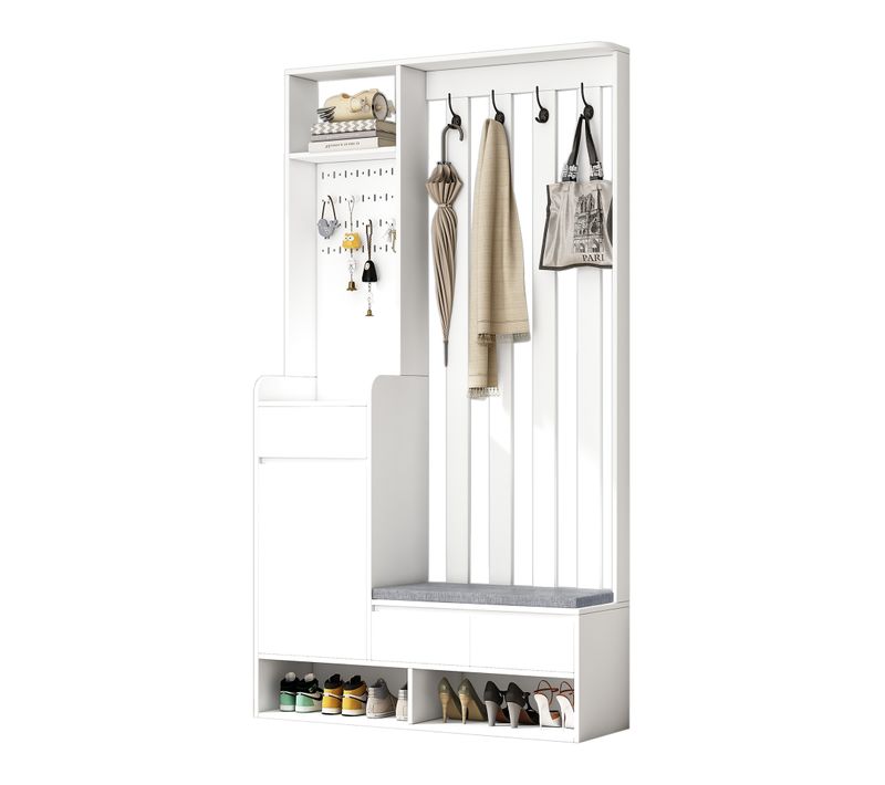 Meuble D’entrée Blanc Avec Banc Et Patères - Vestiaire Multifonction Avec Espace Rangement - Blanc
