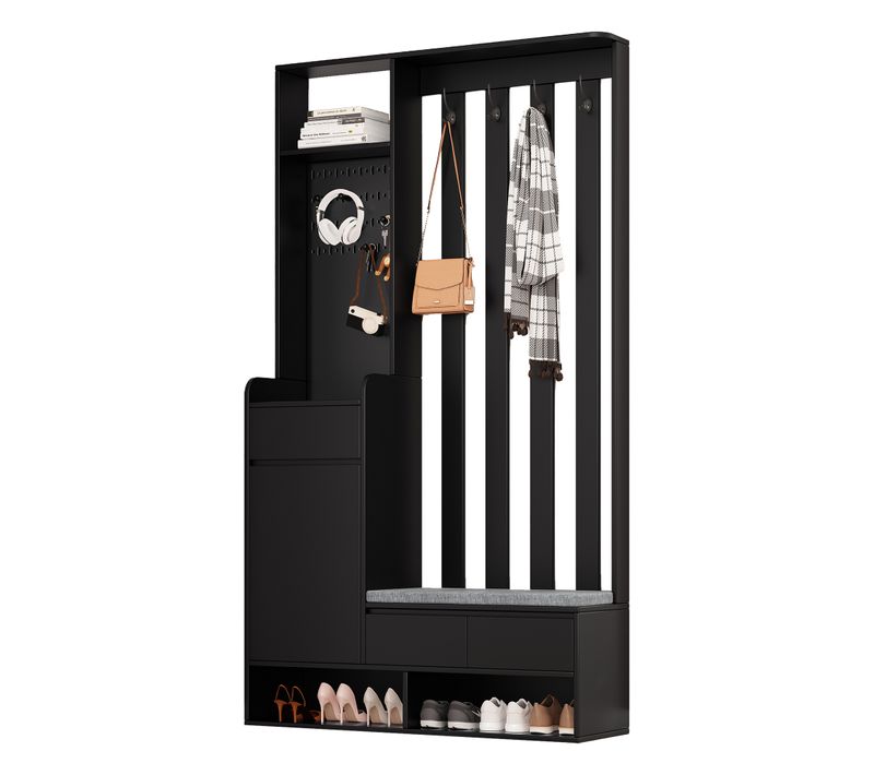 Portemanteau Moderne - Banc Et Rangement - Meuble D’entrée Avec 4 Patères - Panneau Mural - Noir