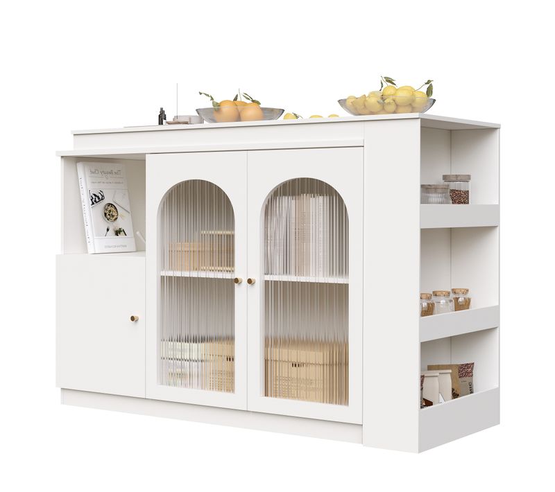 Meuble Bar Pivotant 360° - Vitrine Verre Cannelé - Table Bar Moderne Cuisine Salon - Mdf - Blanc