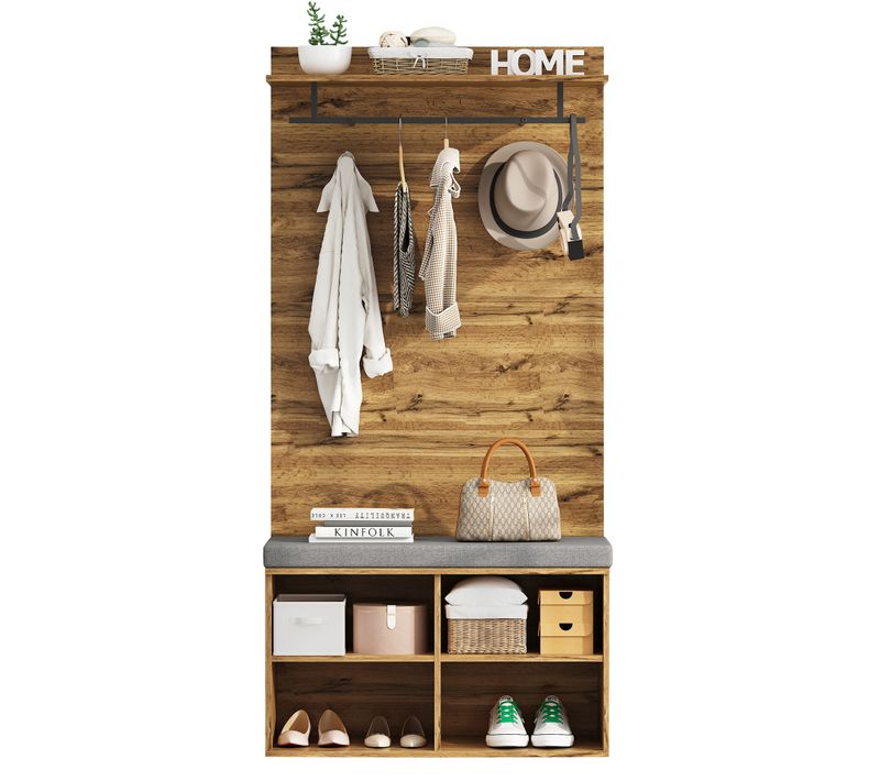 Vestiaire Entrée - Meuble Entrée Rangement Chaussures Barre Vêtements - Panneau Particules - Chêne