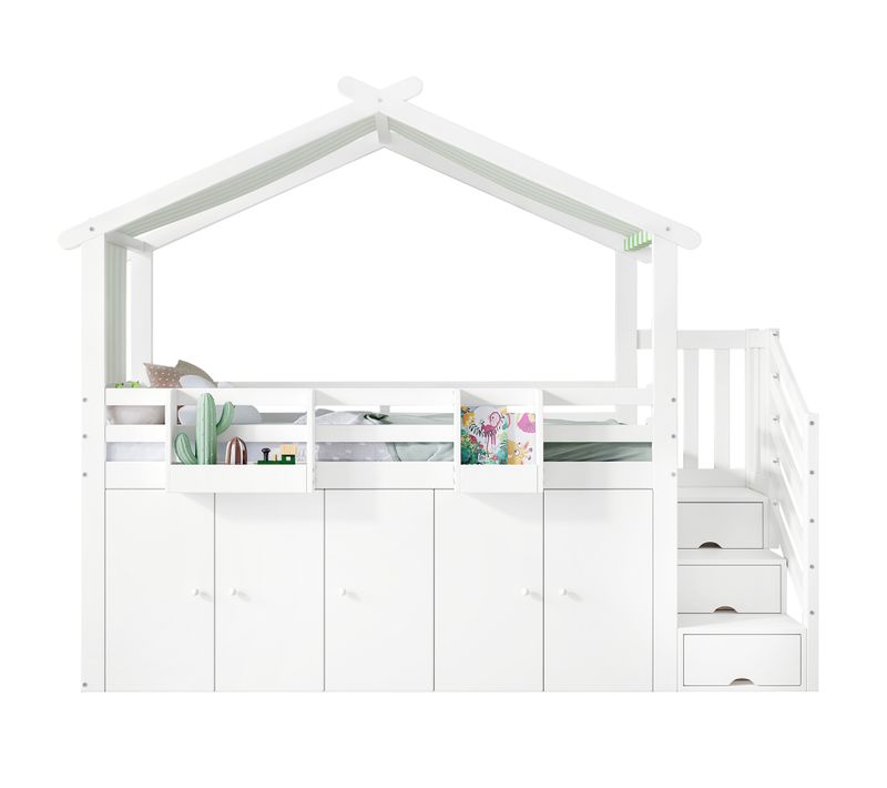 Lit Superposé Enfant 90x200 Cm Avec Porte De Sécurité, Armoire Et Rangements, 3 Coffres, Blanc+vert