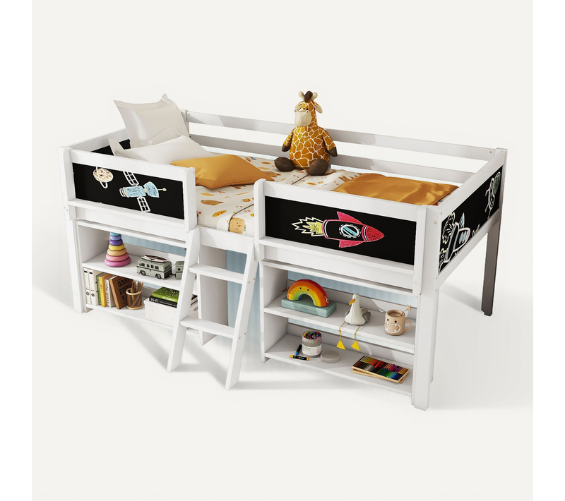 Lit Mezzanine 90x200 Cm - Mi-hauteur - Avec Protection Et Rangement - échelle Intégrée - Blanc