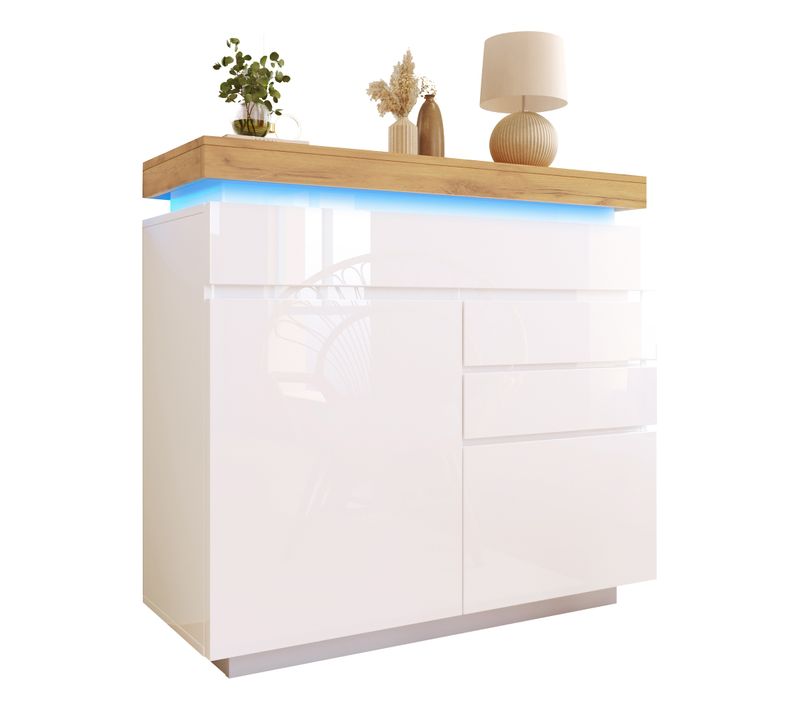 Commode Buffet Avec LED Intégrée -2 Portes - 3 Tiroirs - Rangement Pratique Pour Salon - Blanc