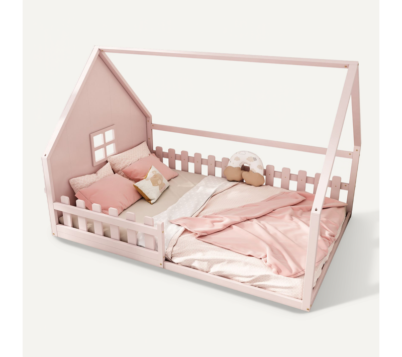 Lit Cabane 140x200 Cm - Lit Enfant Avec Cadre Sécurisé - Structure Stable - Rose