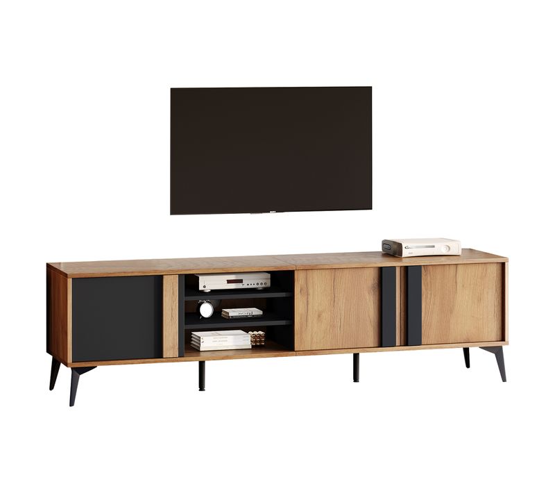 Meuble TV Avec 3 Portes Et 4 Niveaux Ouverts, Passage Câbles, Design Chalet, Mdf Et Fer, Brun/noir