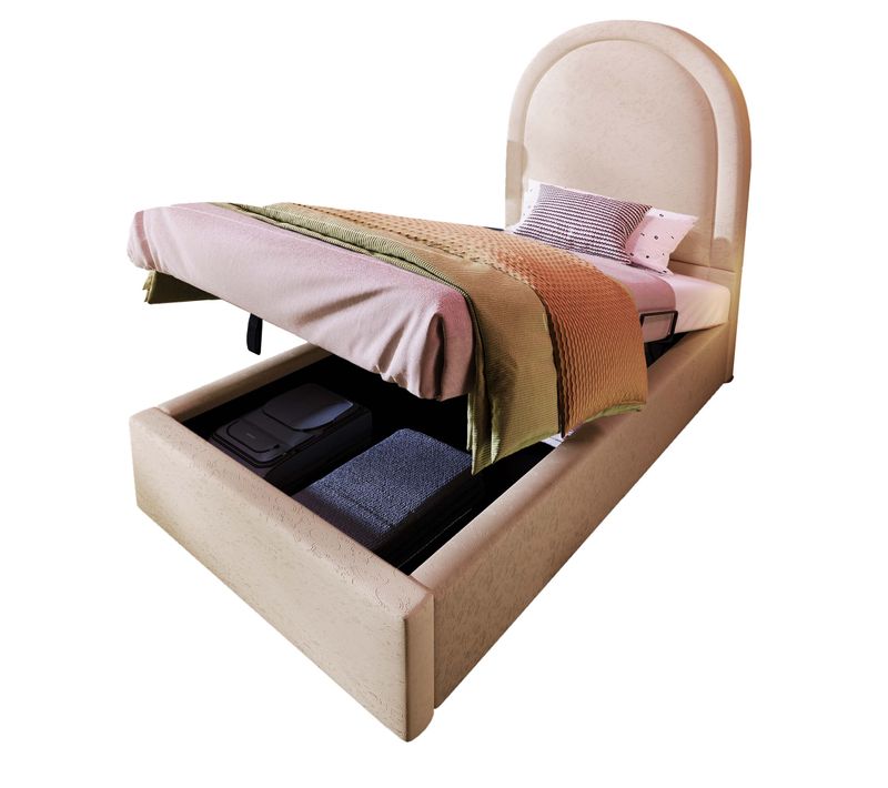 Lit Coffre 90 X 200 Cm - Lit Enfant Capitonné Avec Tête De Lit - Structure Stable - Beige