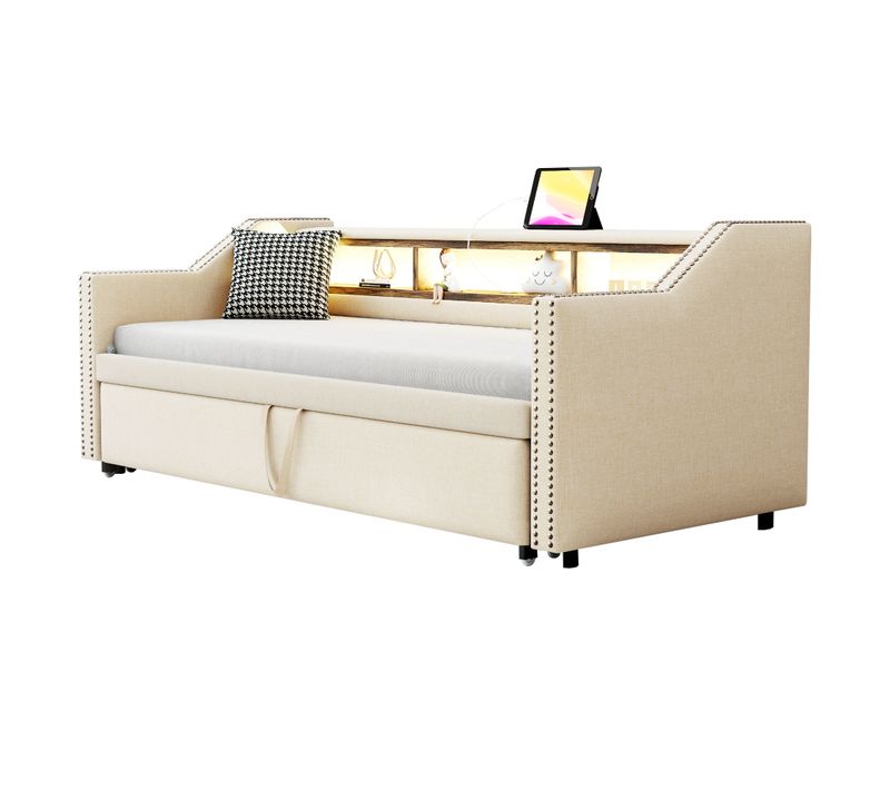 Lit Gigogne 90/180x190 - Banquette Rembourrée Avec Rangement Et LED Intégrée - Port USB - Beige
