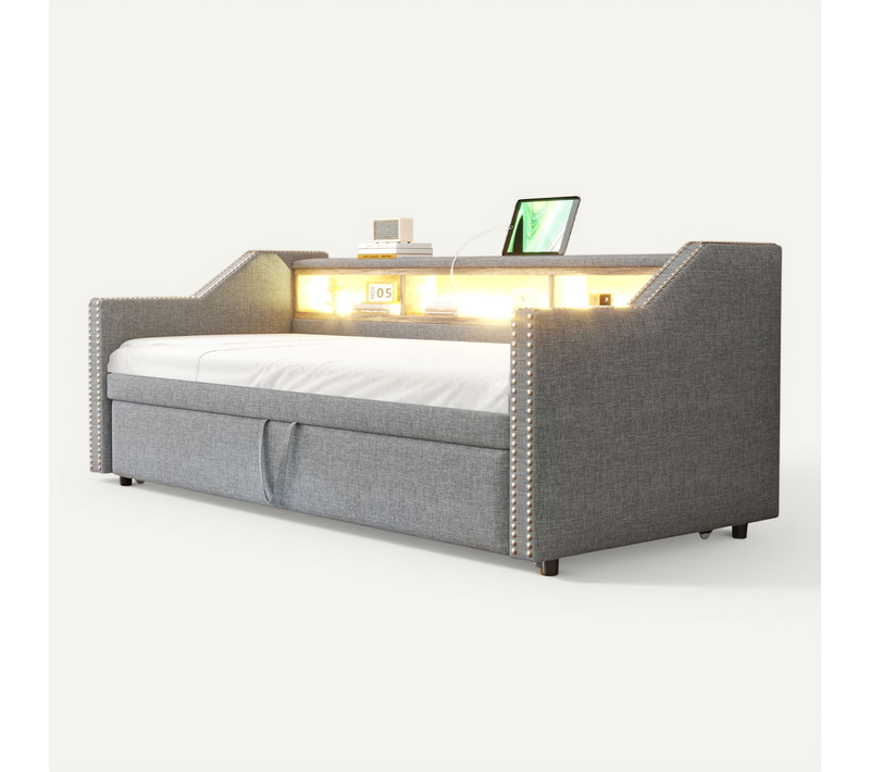 Lit Gigogne 90/180x190 - Banquette Rembourrée Avec Rangement Et Port USB - LED Intégrée - Gris Clair